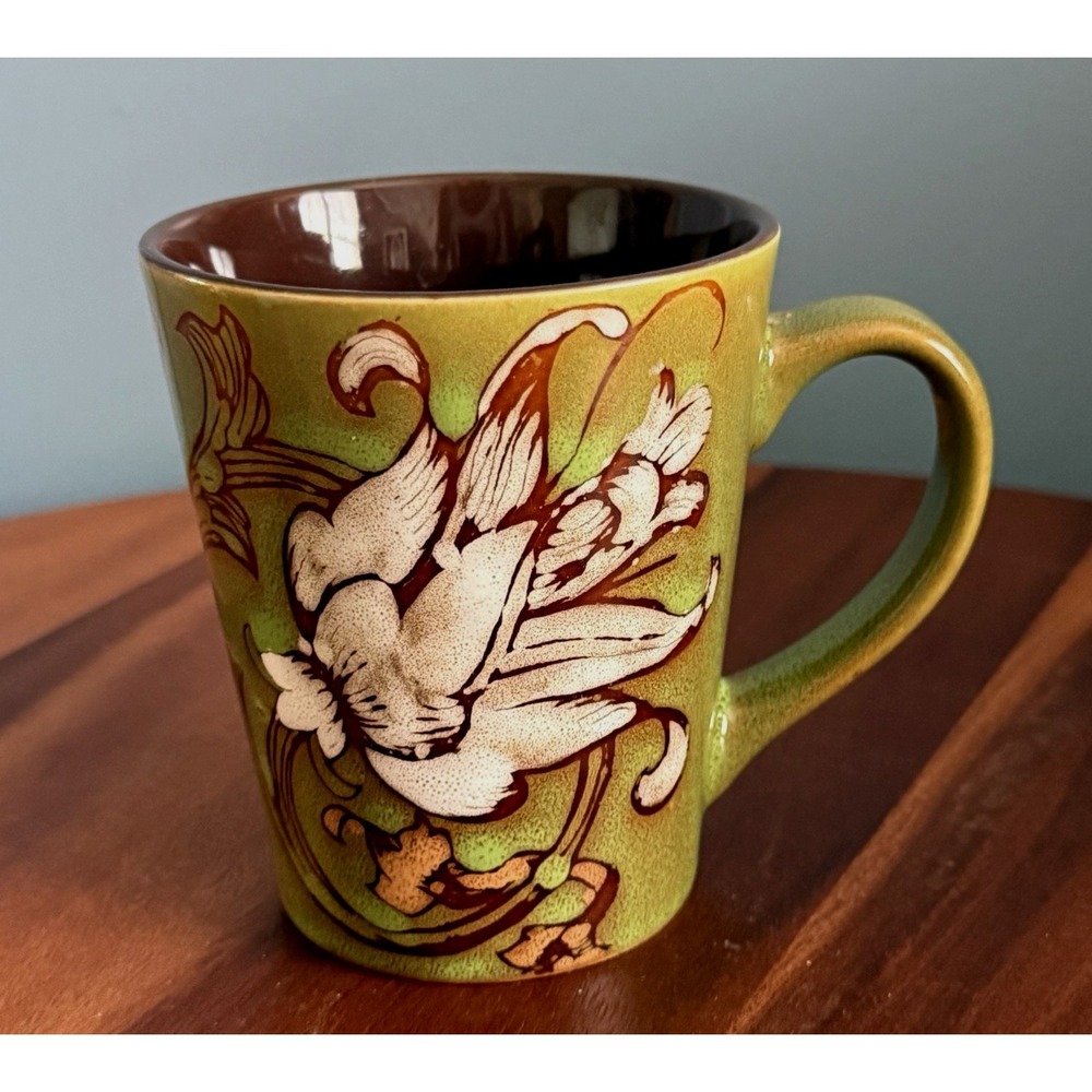 Home Essentials Hand Painted Lily Ceramic Coffee Mug Green Brown Glazed 12 Oz